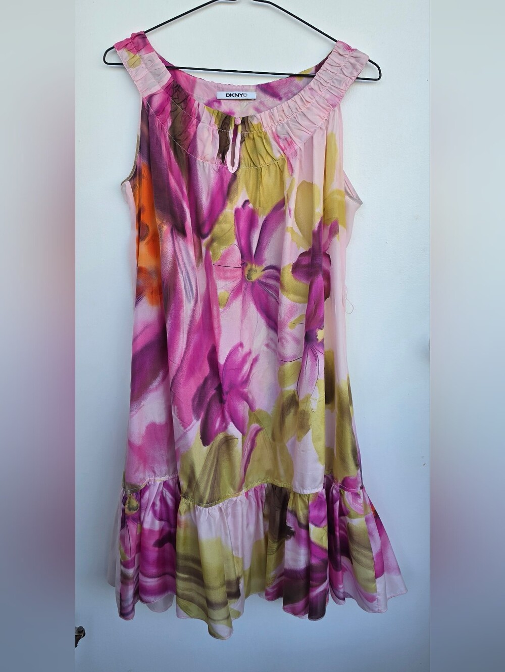 DKNY Girls Floral Sleeveless Ruffled Sundress in Pink and Green,Large